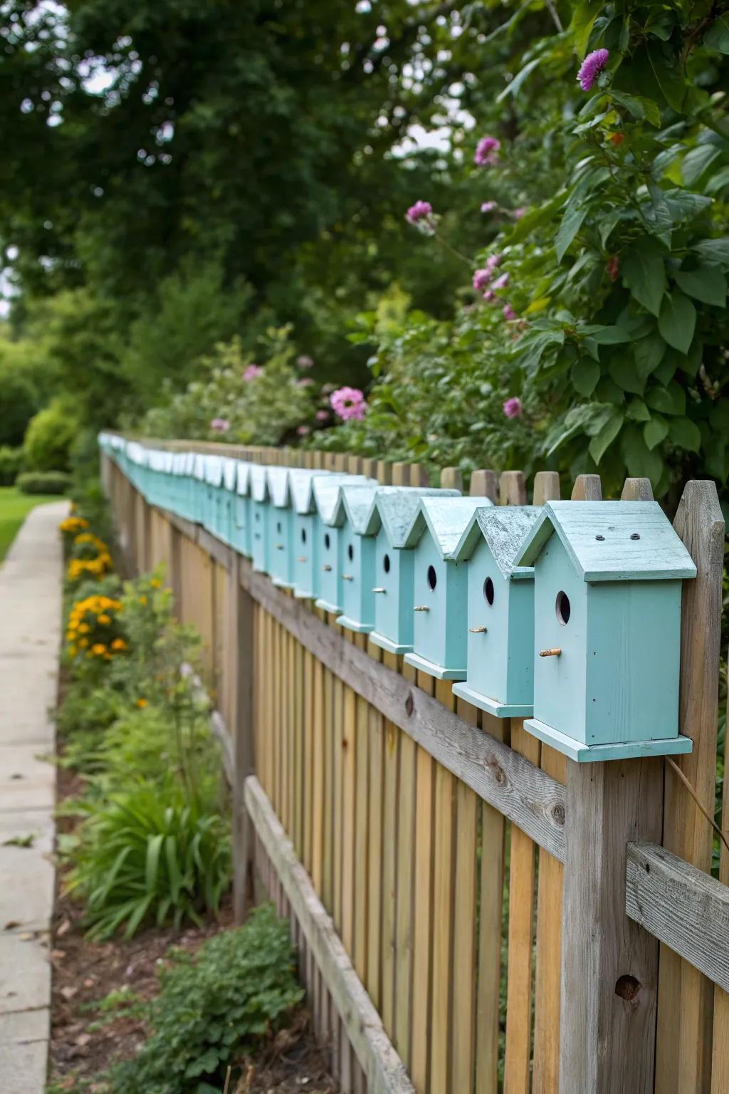 An extended sequence of birdhouses delivers a constant decorative element to the fence.