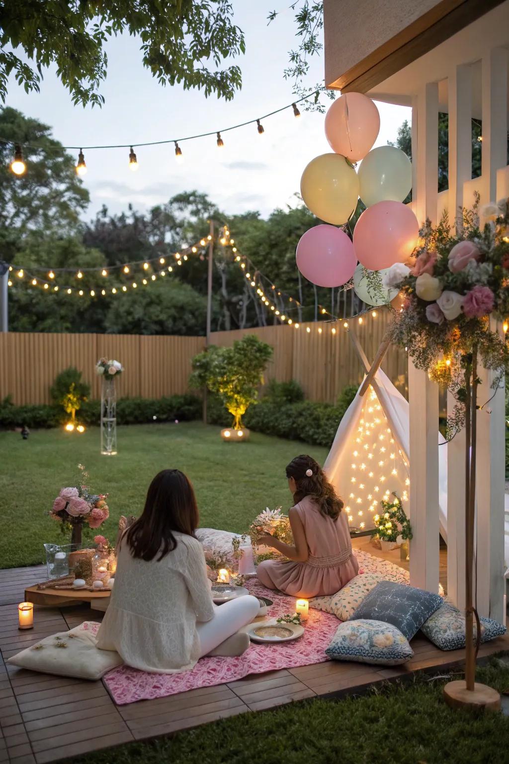 A chic outdoor party arrangement with comfortable ground seating for a relaxed celebration.