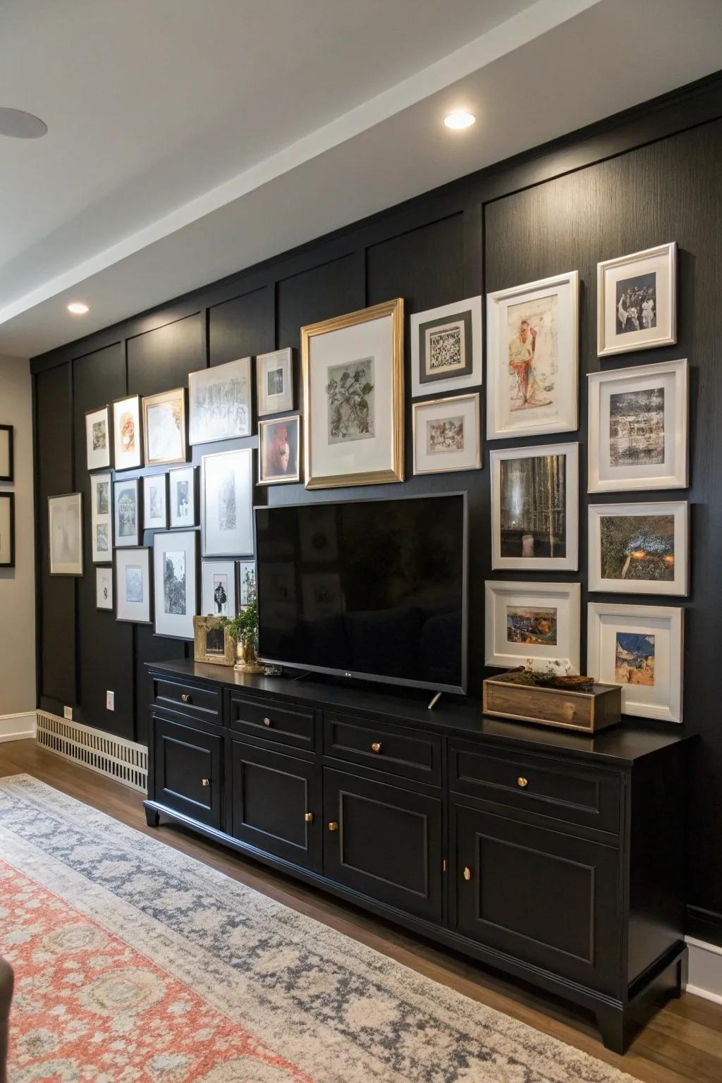 A gallery wall enriches personality and style on a dark accent wall.