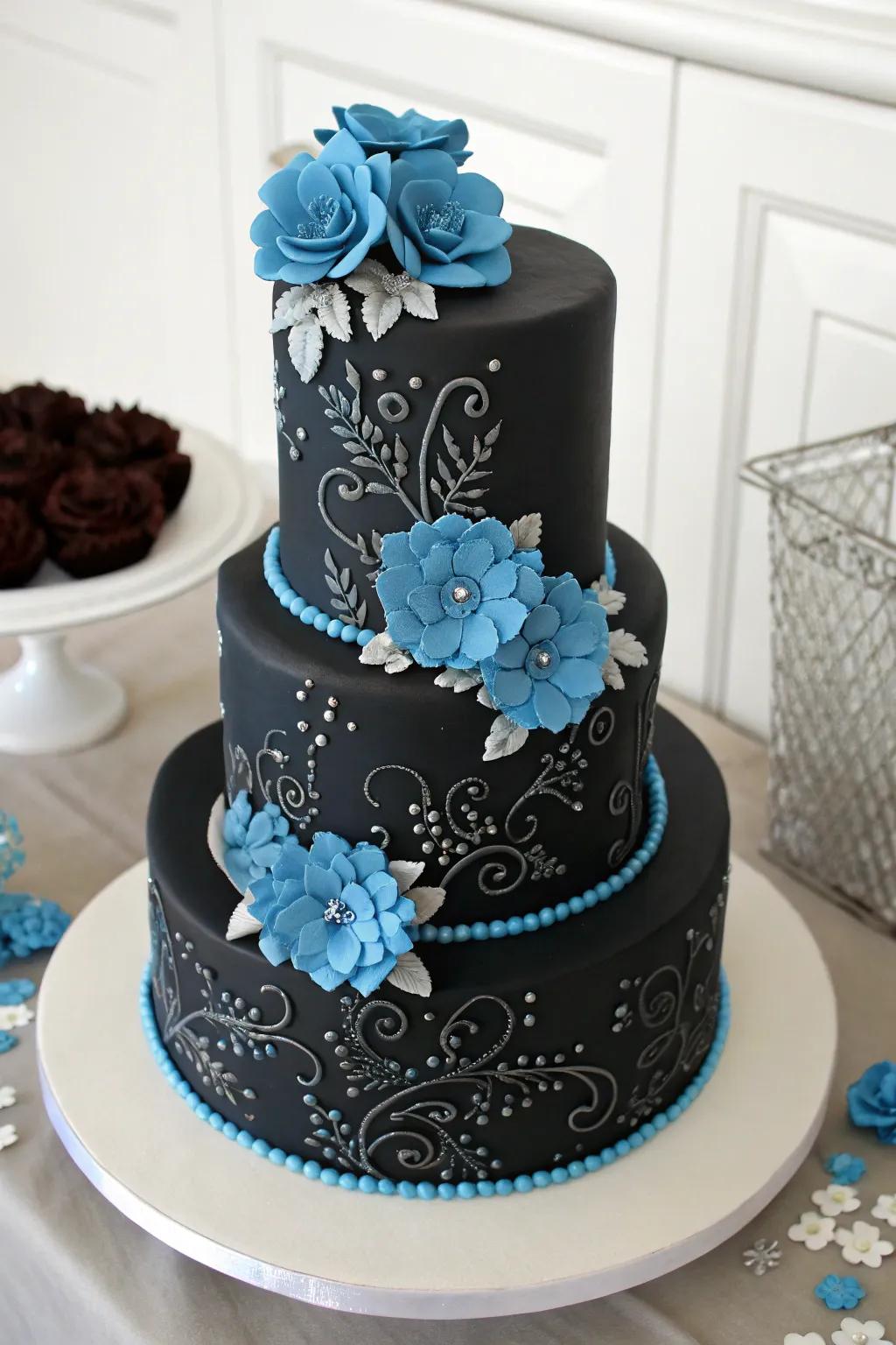 A stunning wedding cake that ties in with your black and blue theme.