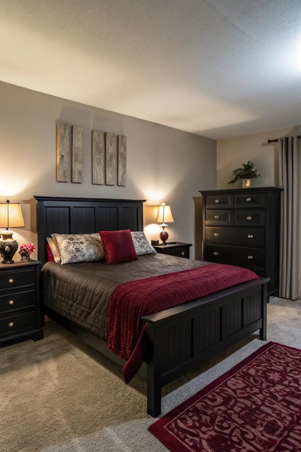 Soft lighting boosts the warmth and richness of your ebony and maroon bedroom.