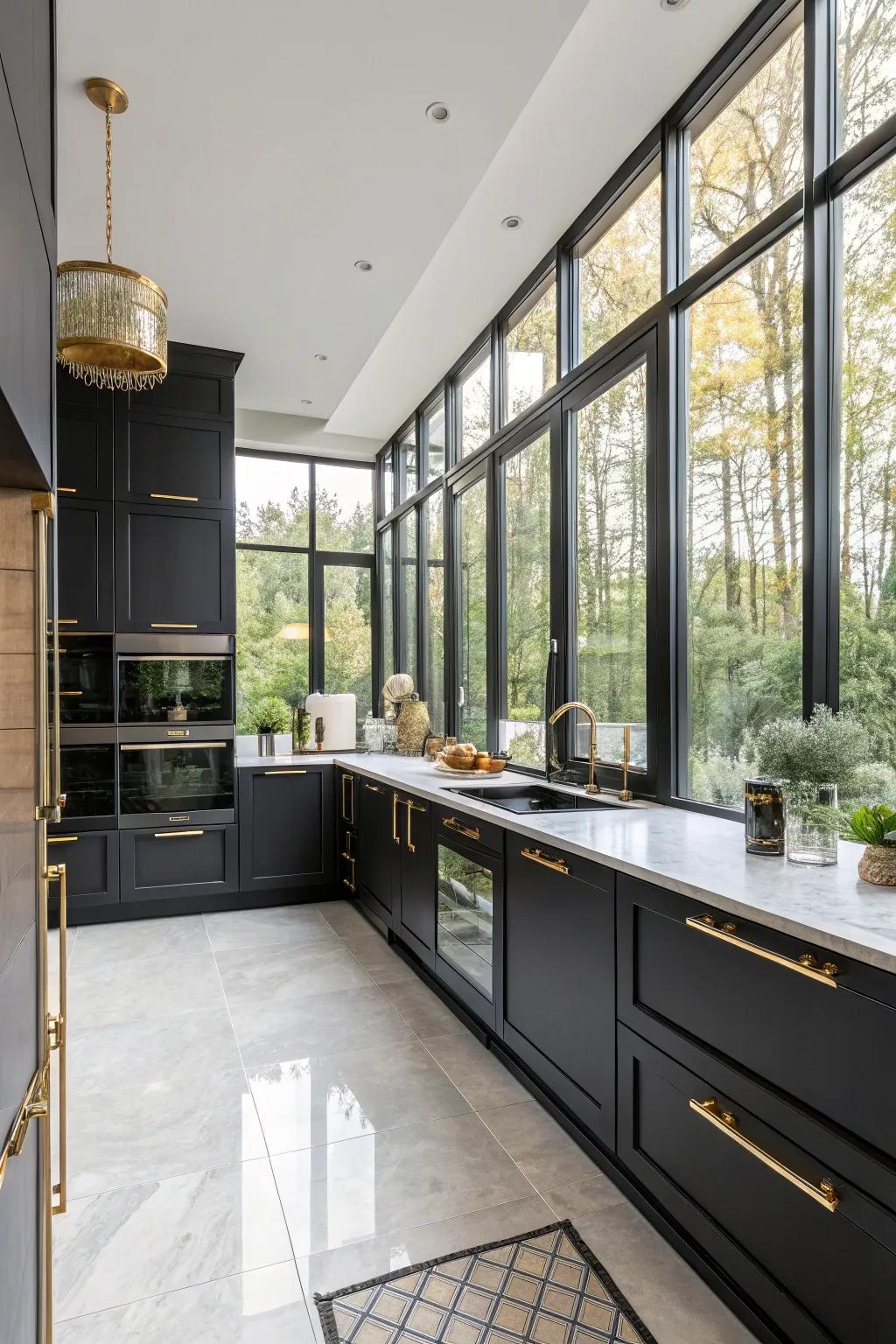 An open layout with ebony and gilded details enhances space and light.