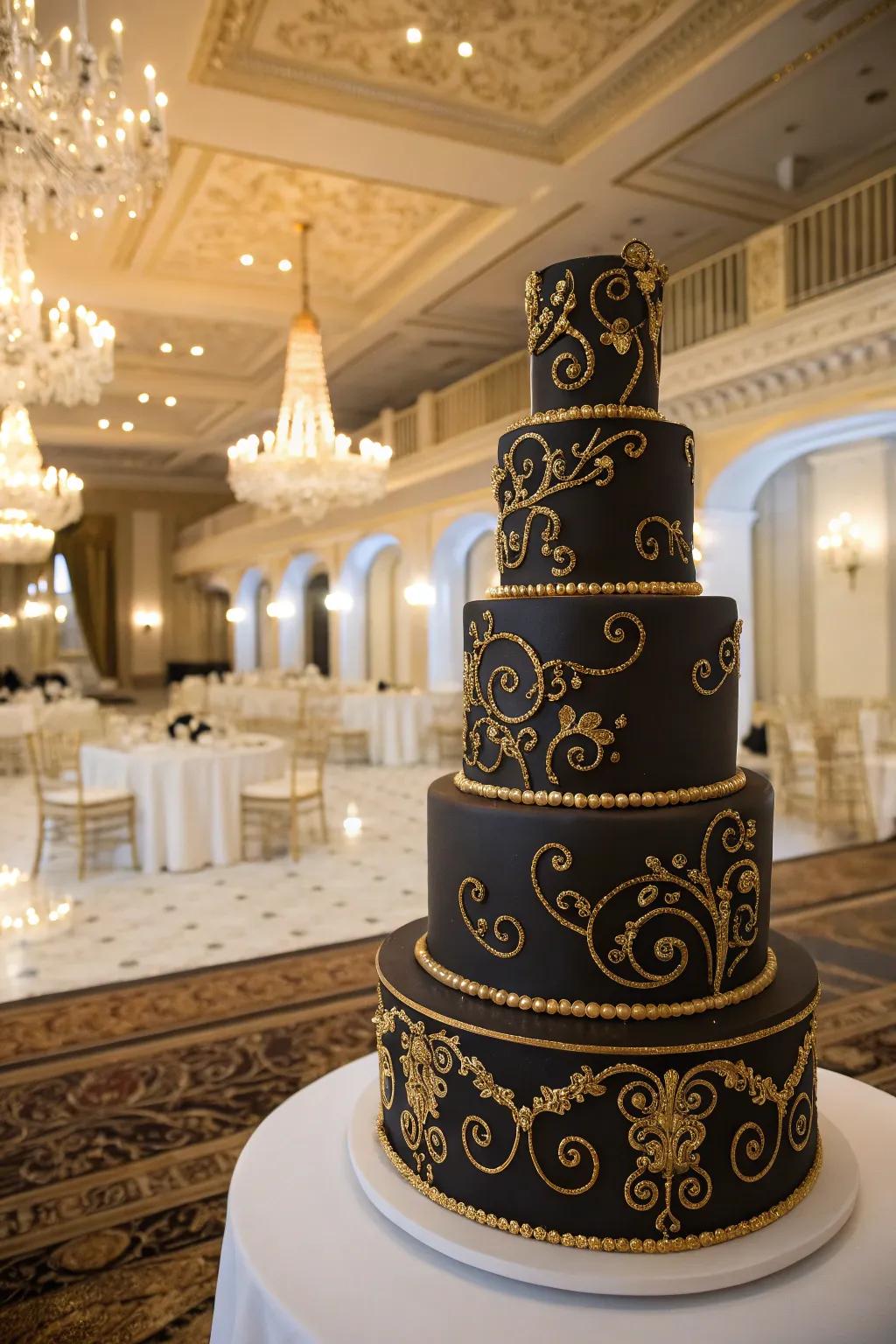 Baroque embellishments turn this cake into a regal masterpiece.