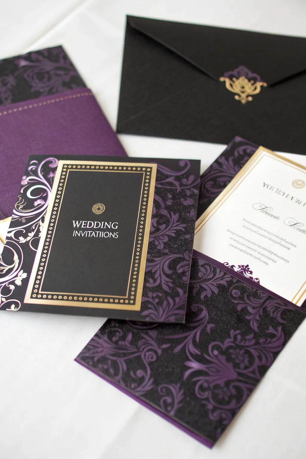 Chic wedding invitations in midnight and lavender.
