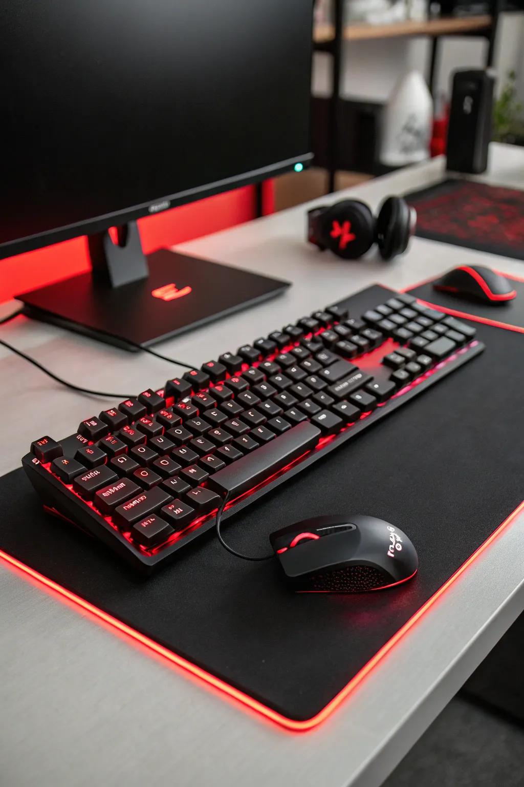 A black keyboard and mouse glow with red backlighting, upgrading the gaming setup.