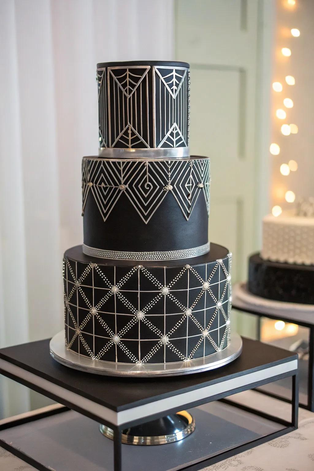 A modern coal and shimmer wedding cake.