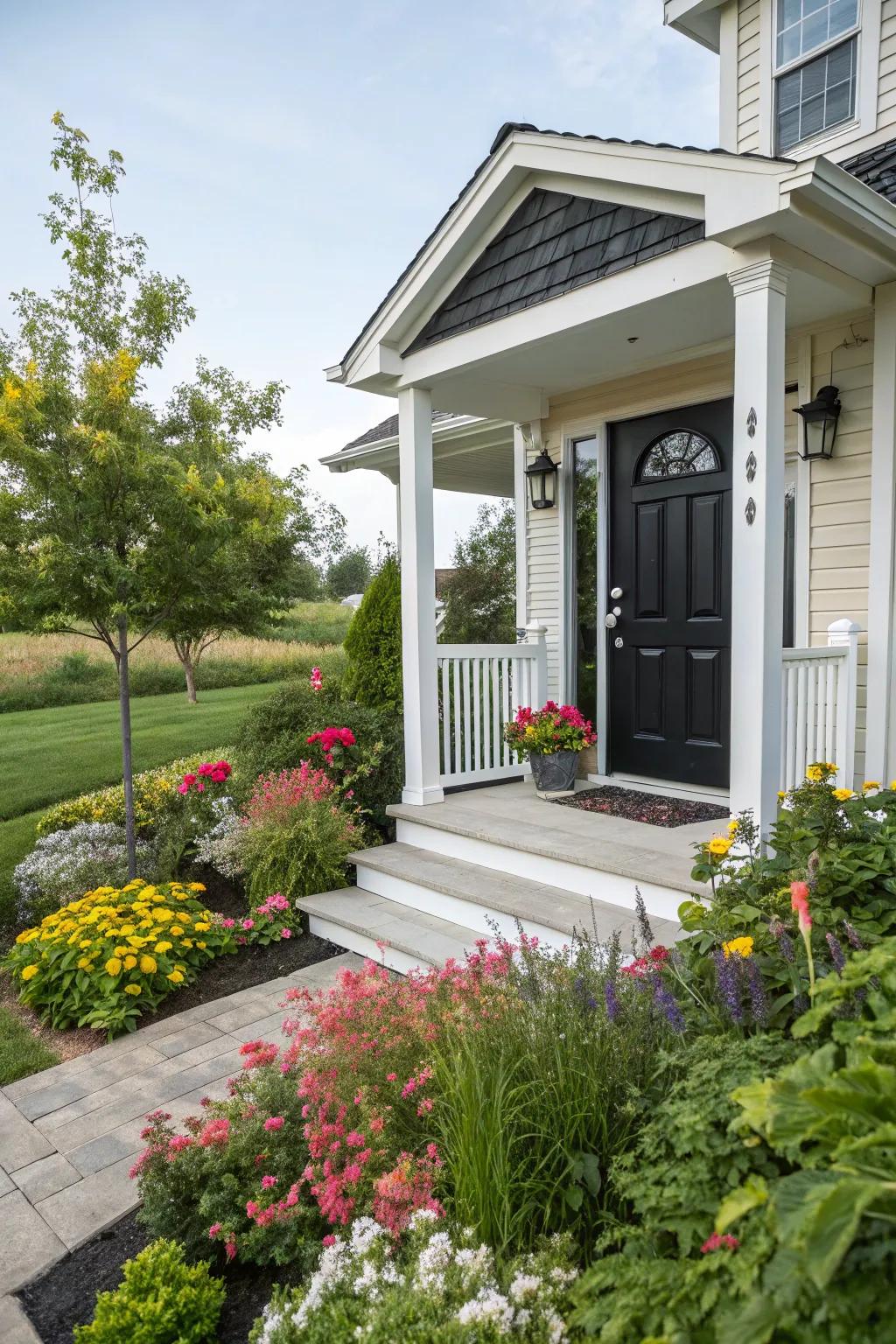 An appealing gateway with a striking black front door.
