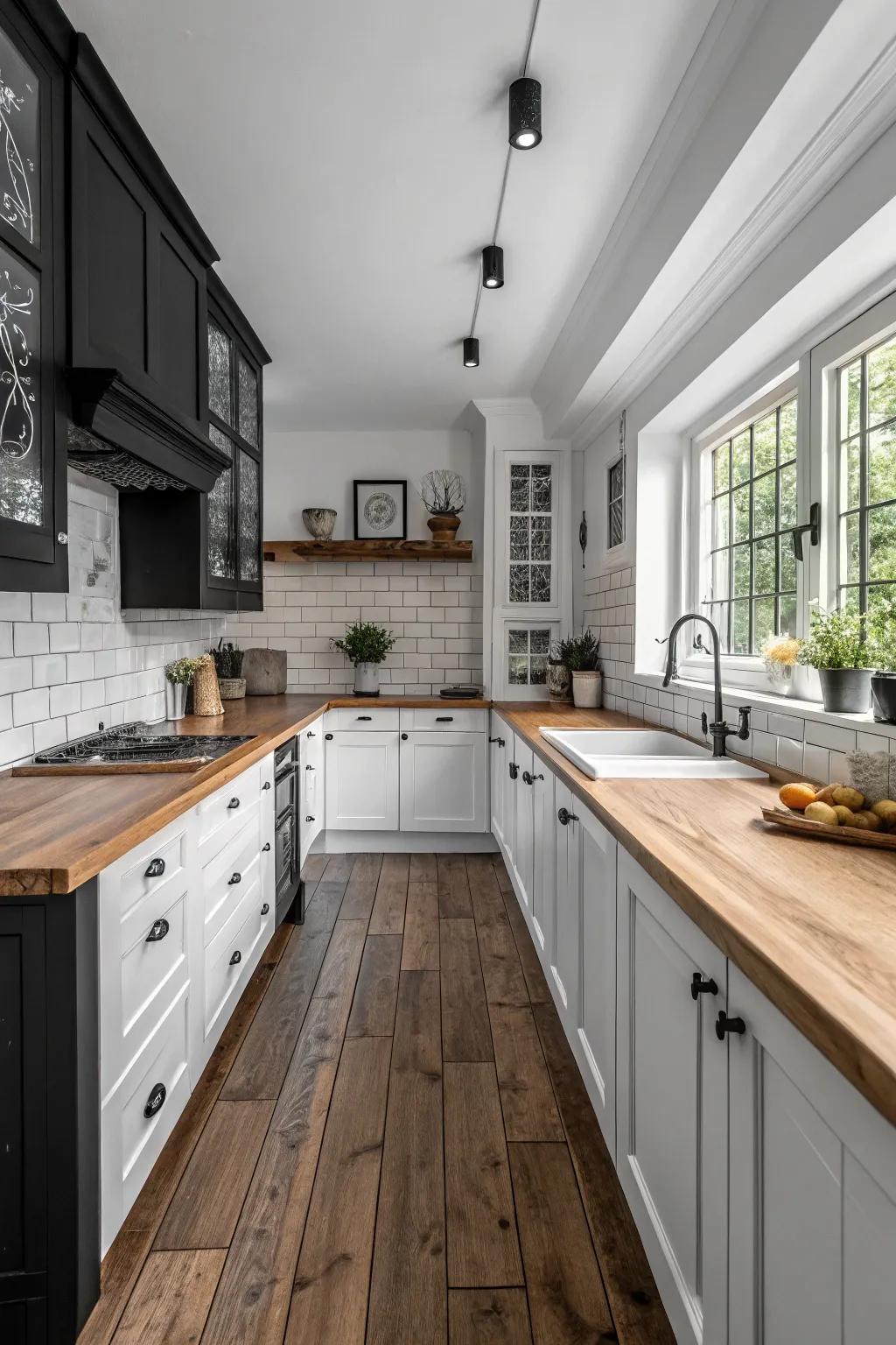 Warm wooden features add texture to this black and white kitchen.