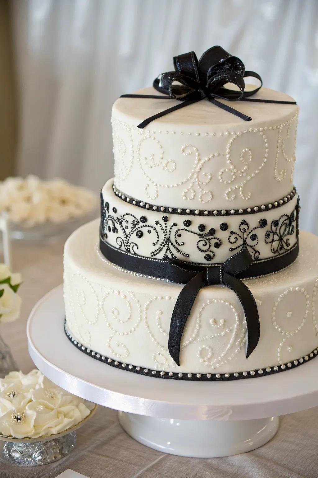 A two-toned ebony and ivory wedding pastry makes for a striking dessert centerpiece.