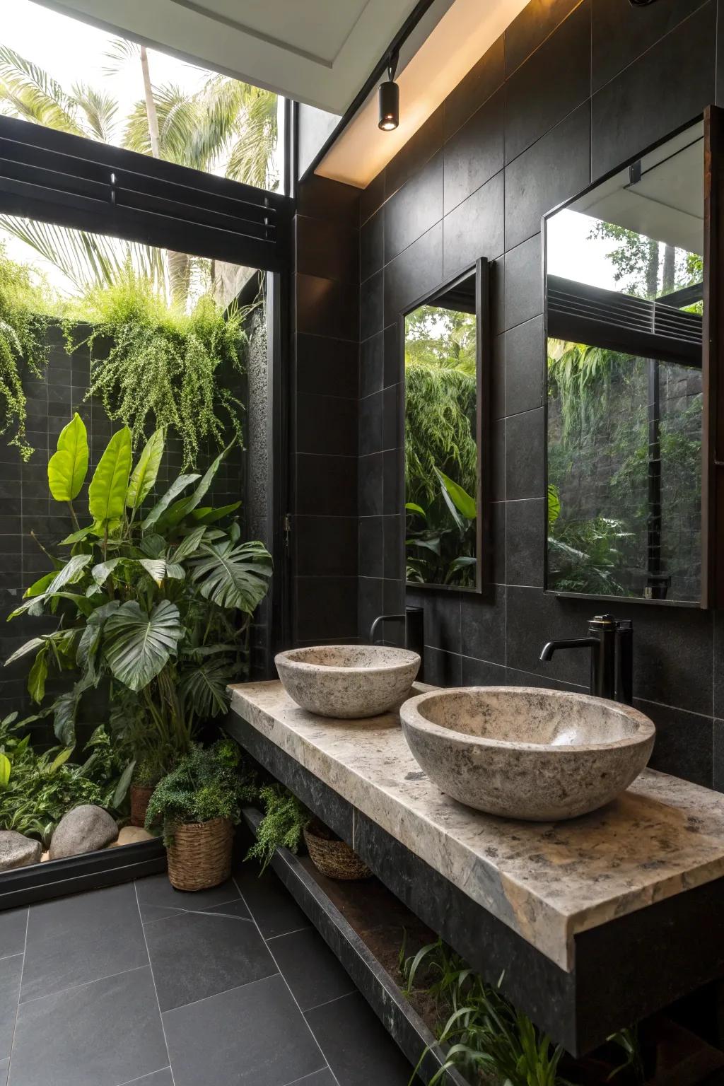 Organic components transform a dark restroom into a spa-like getaway.