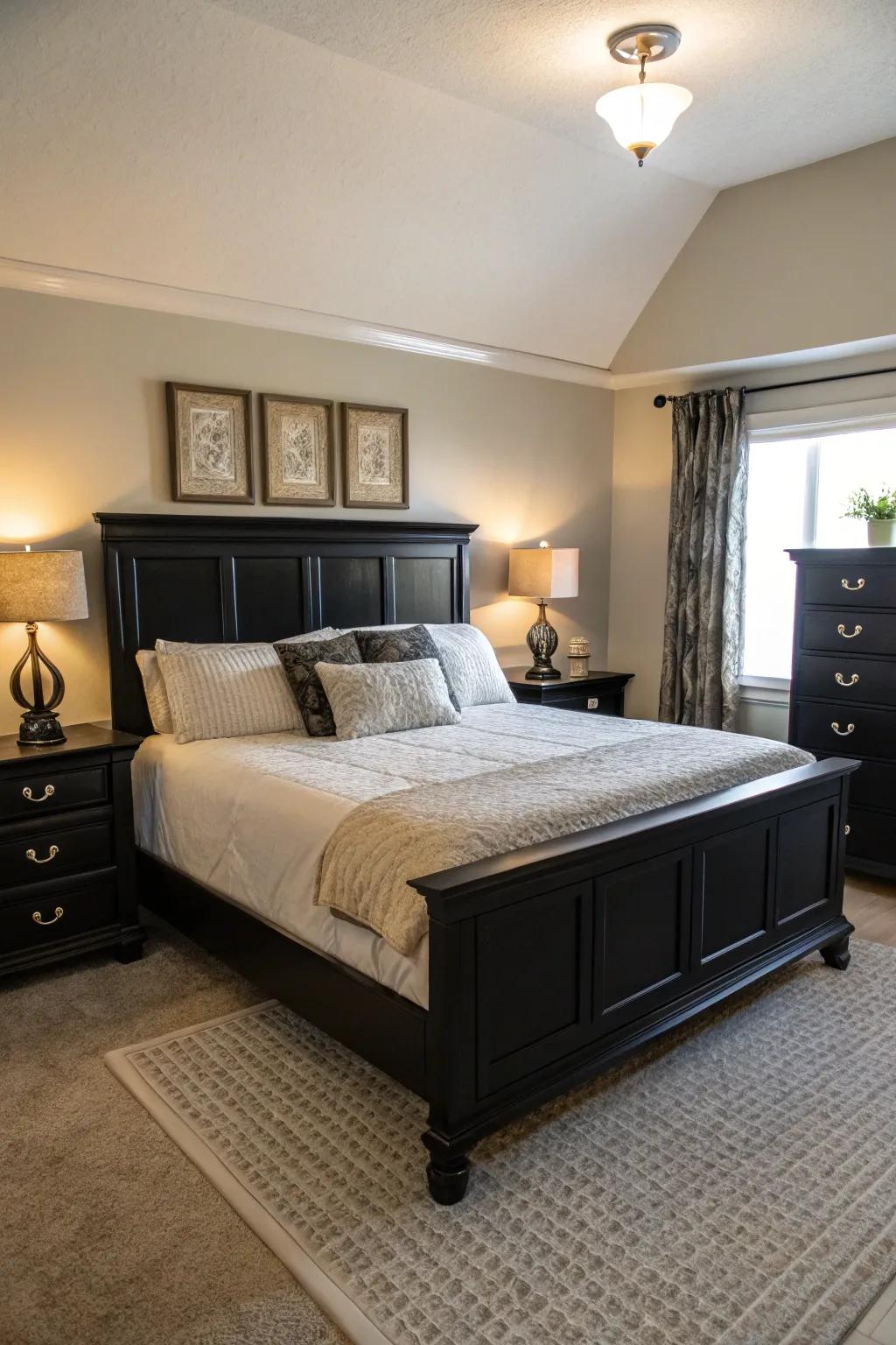 A refreshing comparison of pale bedding against dark furnishings.