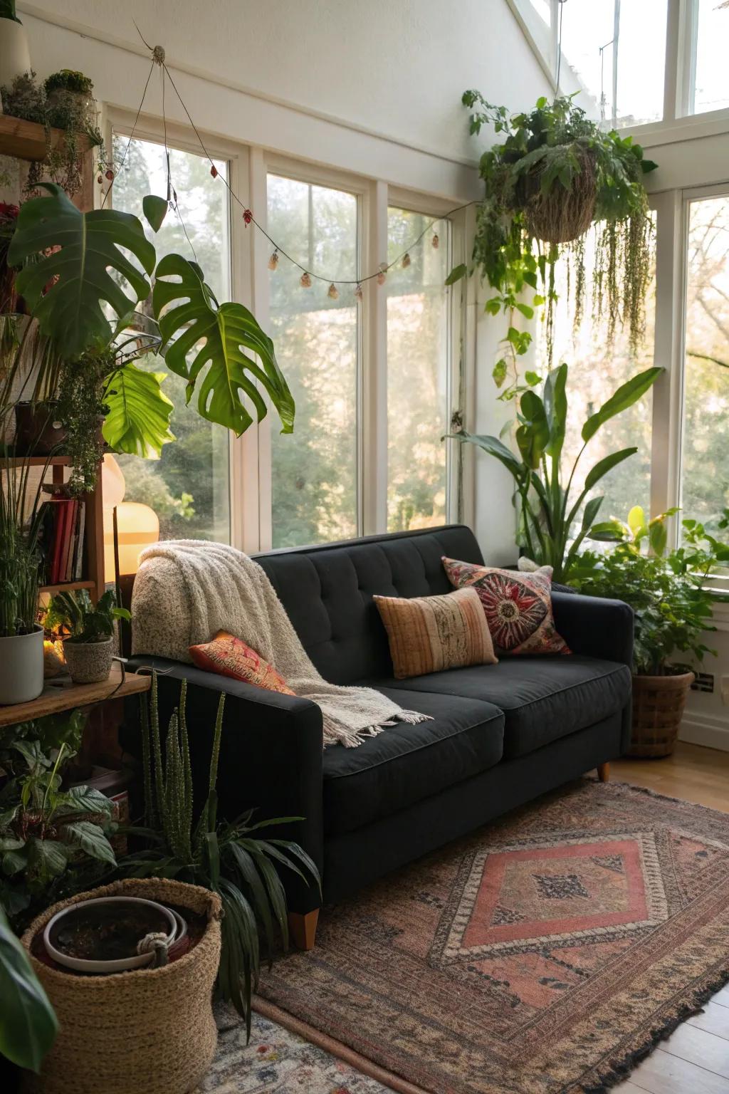 Nature's touch with a dark-toned sofa and greenery.