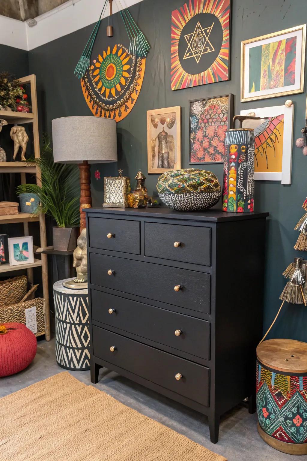 An eclectic decor style with a black dresser at the heart.