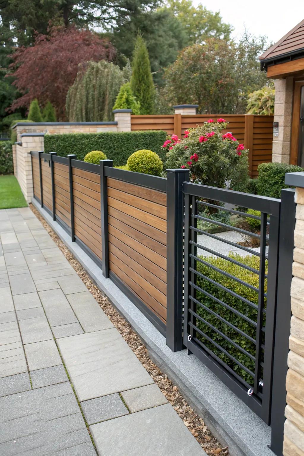 A mixed-material black fence adds texture and character.