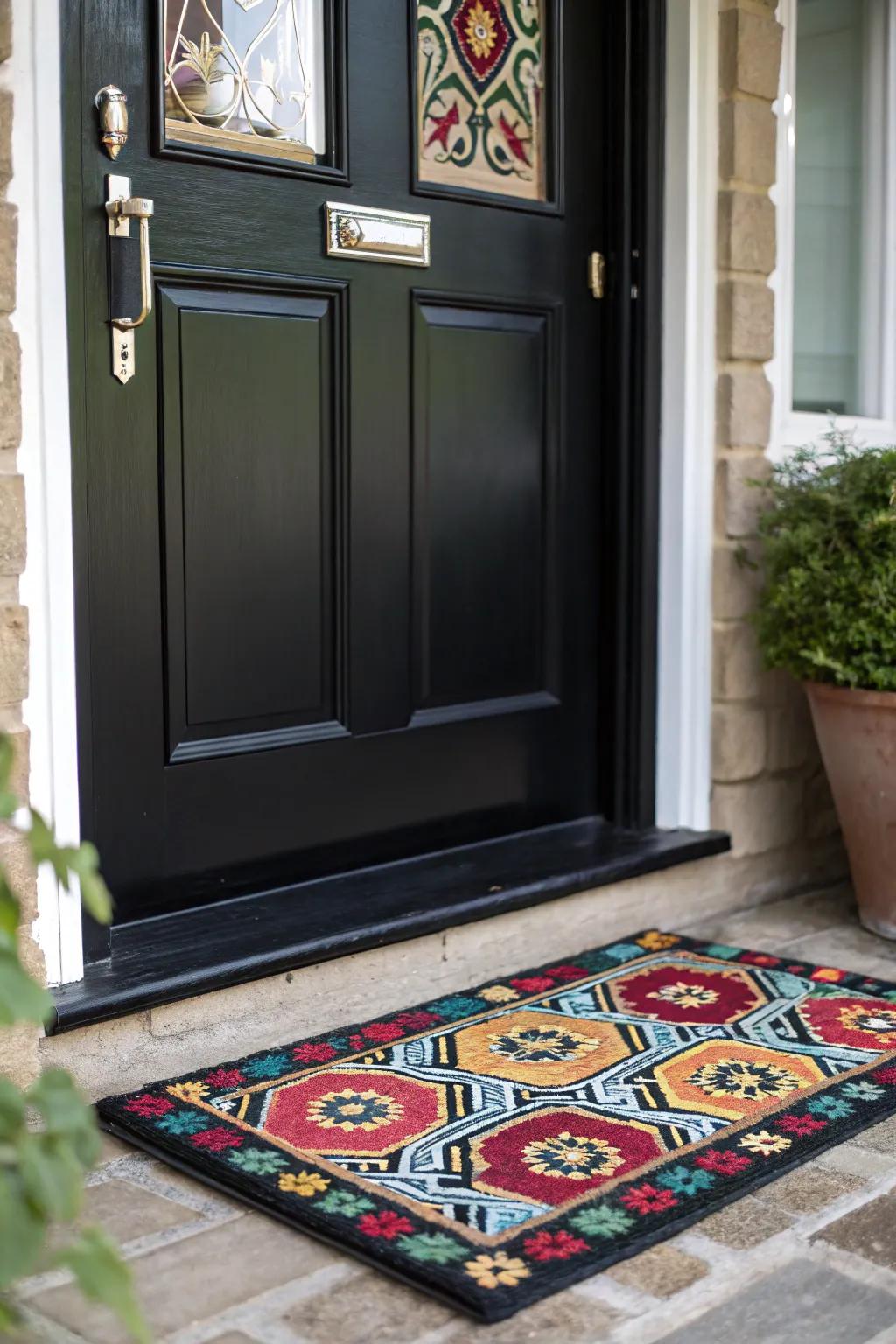 An upbeat entrance rug rendering a dark-toned entrance even more inviting.