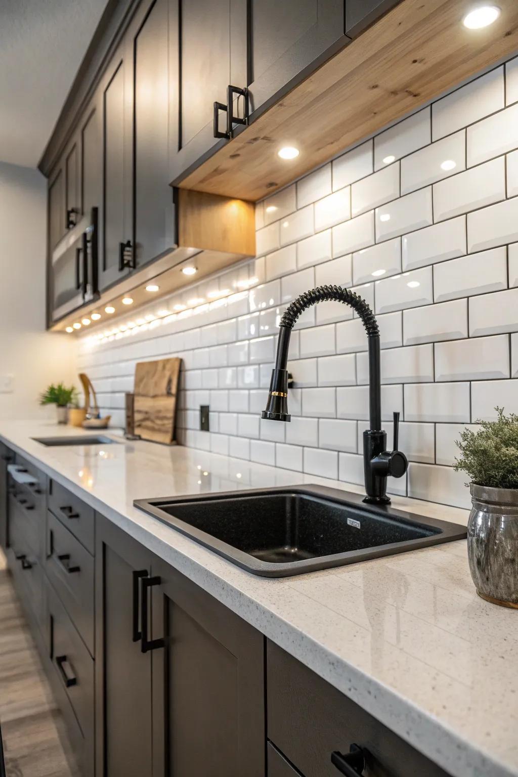 The enhanced backsplash perfectly complements the dark tap featured in this kitchen.