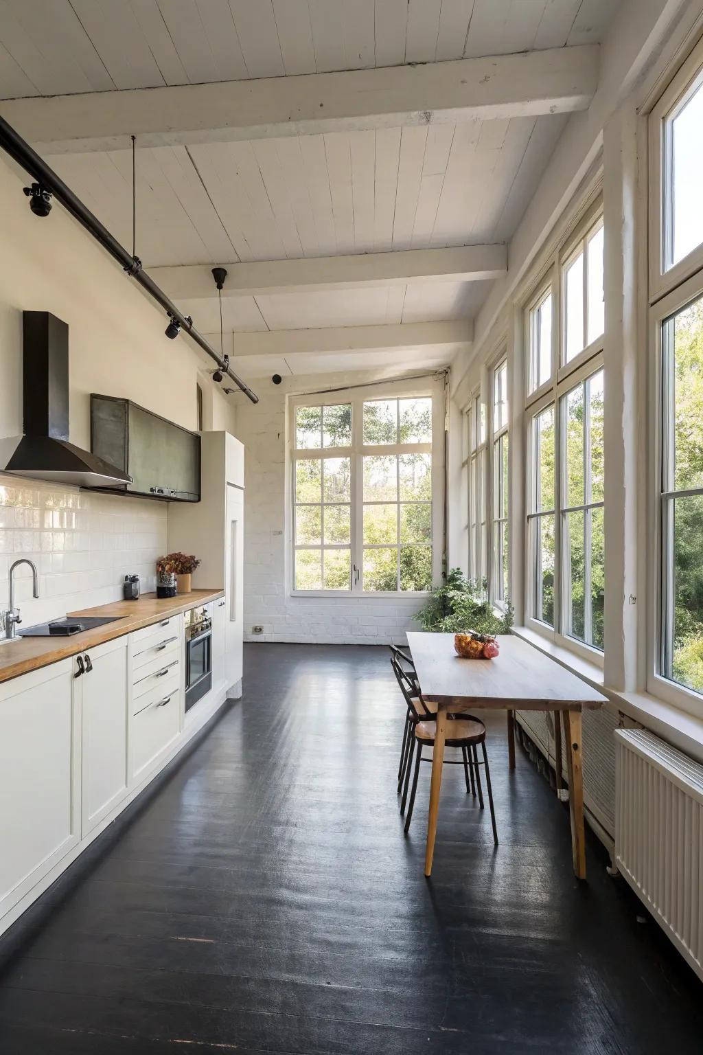An open kitchen framework where ink flooring takes center stage.