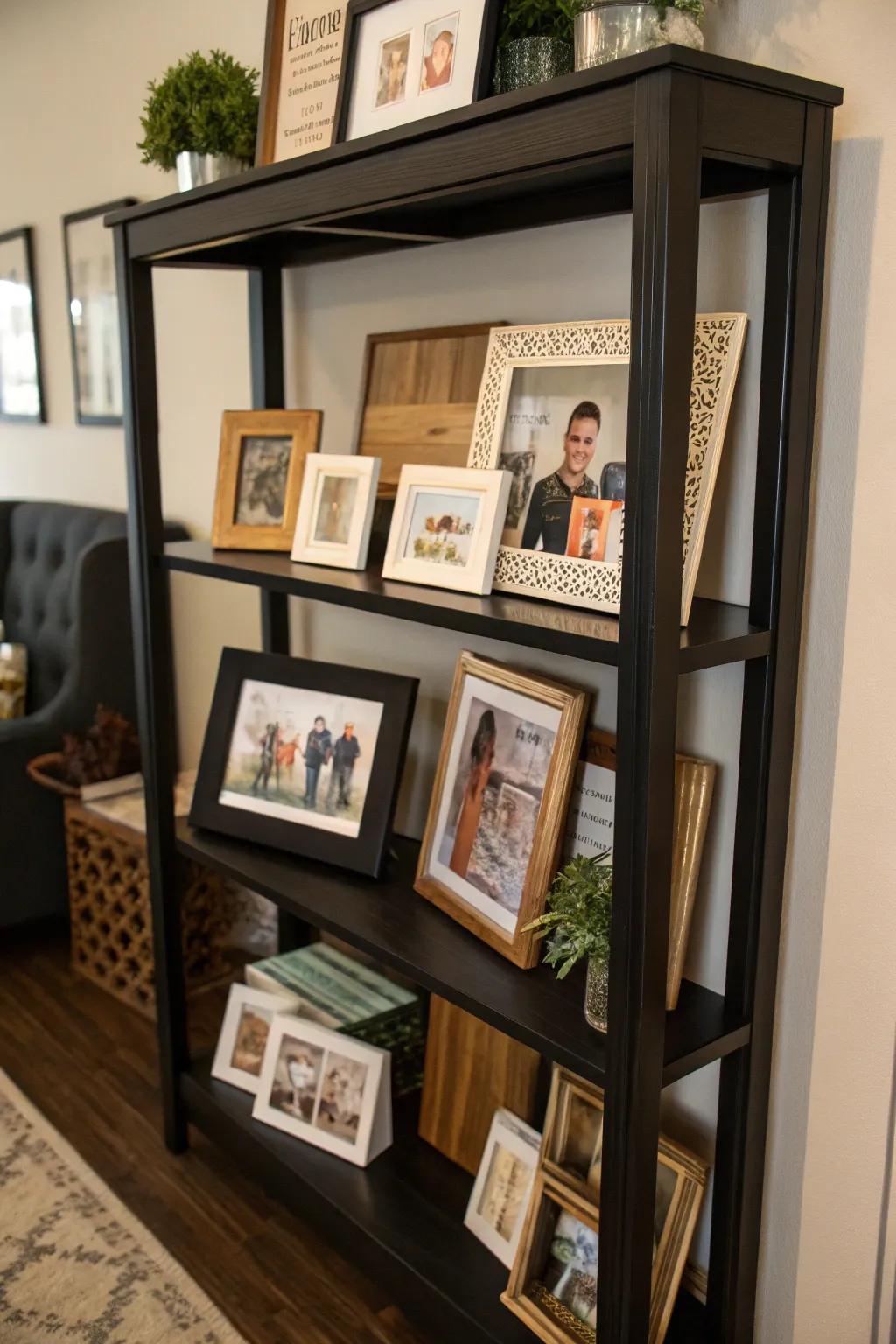 Individual artwork and photos contributing personality to a dark shelf.