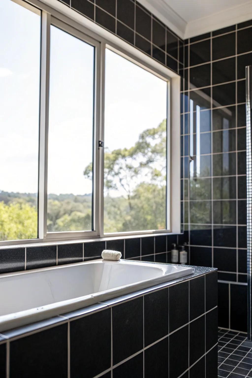 Natural light floods into the bathroom, complementing the black tiles beautifully.