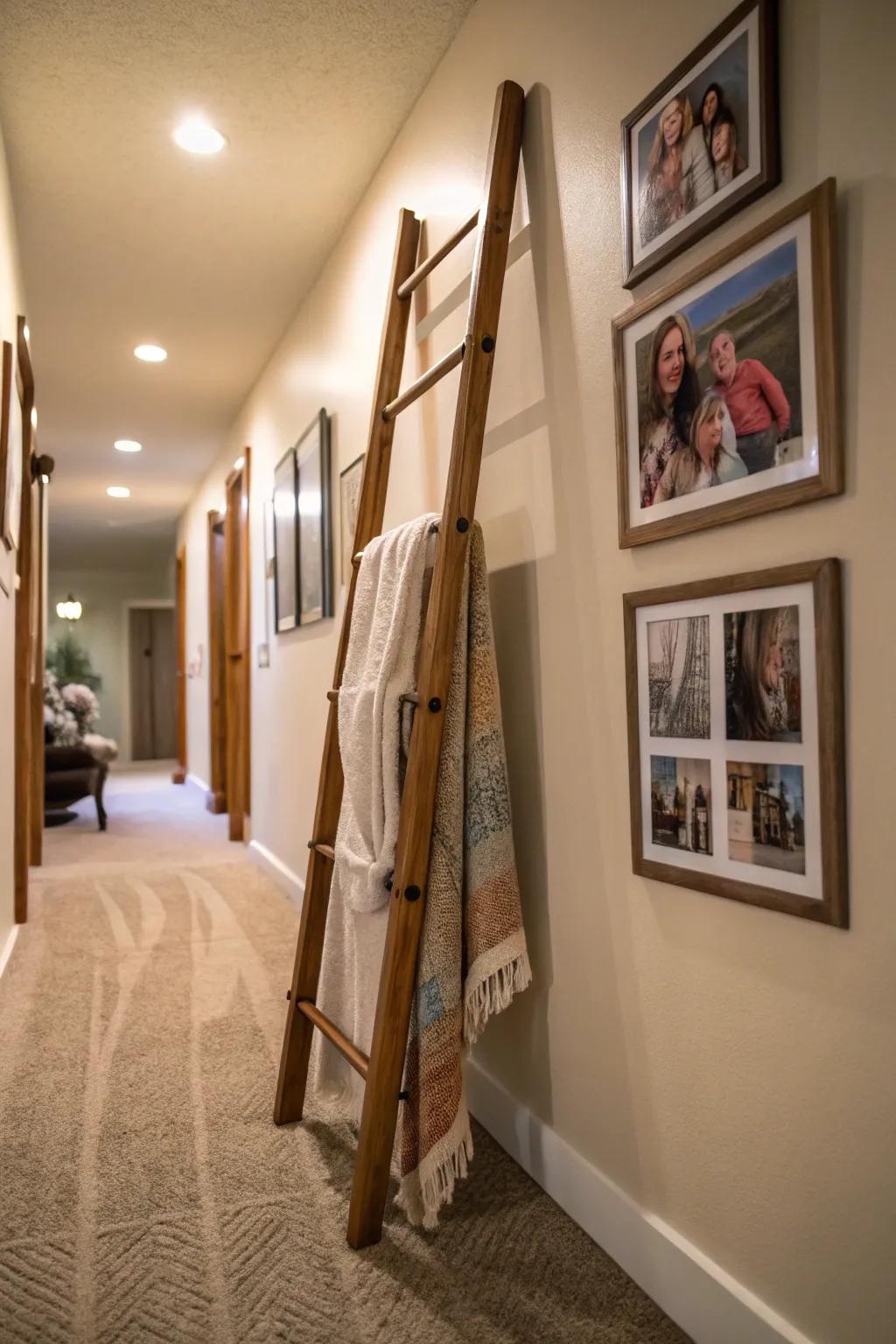 Photo frames add a personal touch to blanket ladder decor.