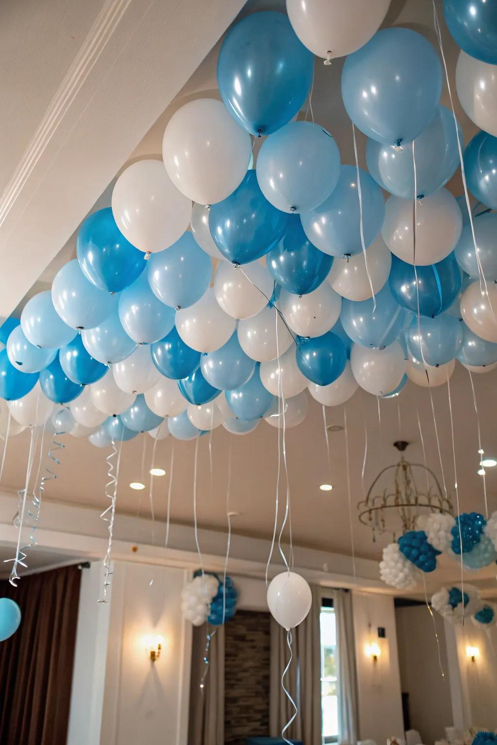 A ceiling covered in floating balloons brings a magical touch to your space.