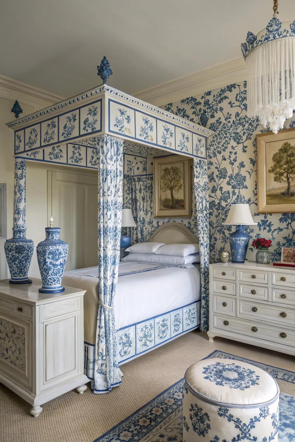 Oriental inspired details add an elegant hint to a blue and white themed bedroom.