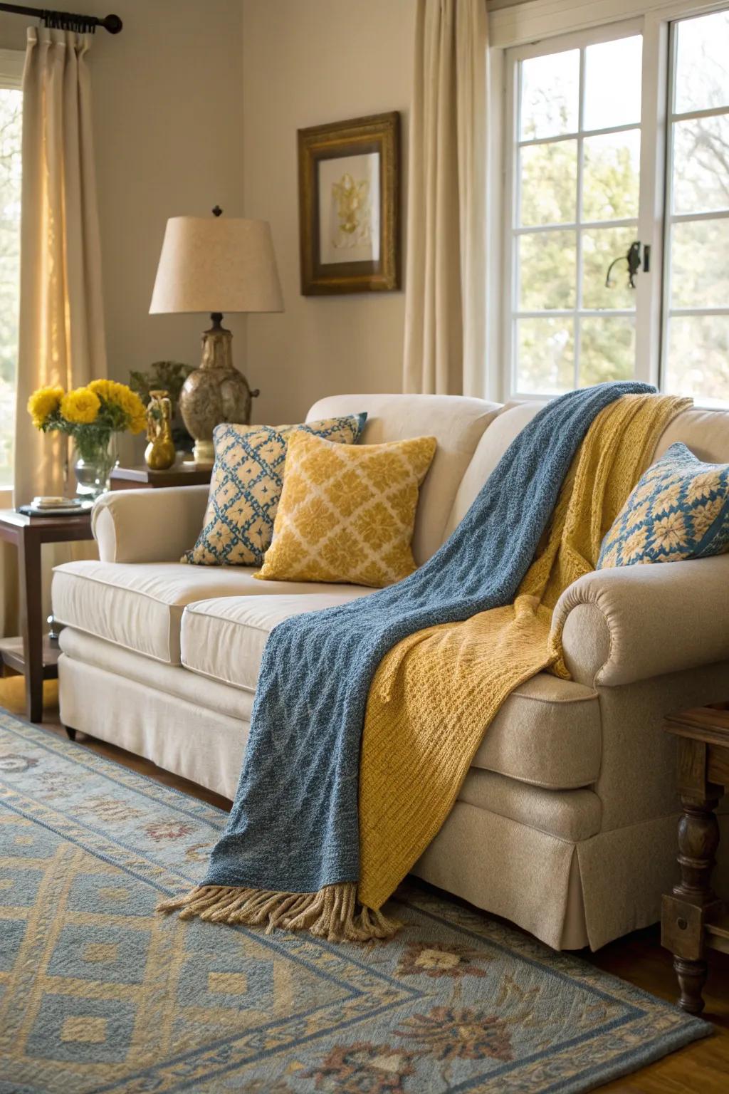 A sofa adorned with a blue and yellow throw blanket for a cozy touch.