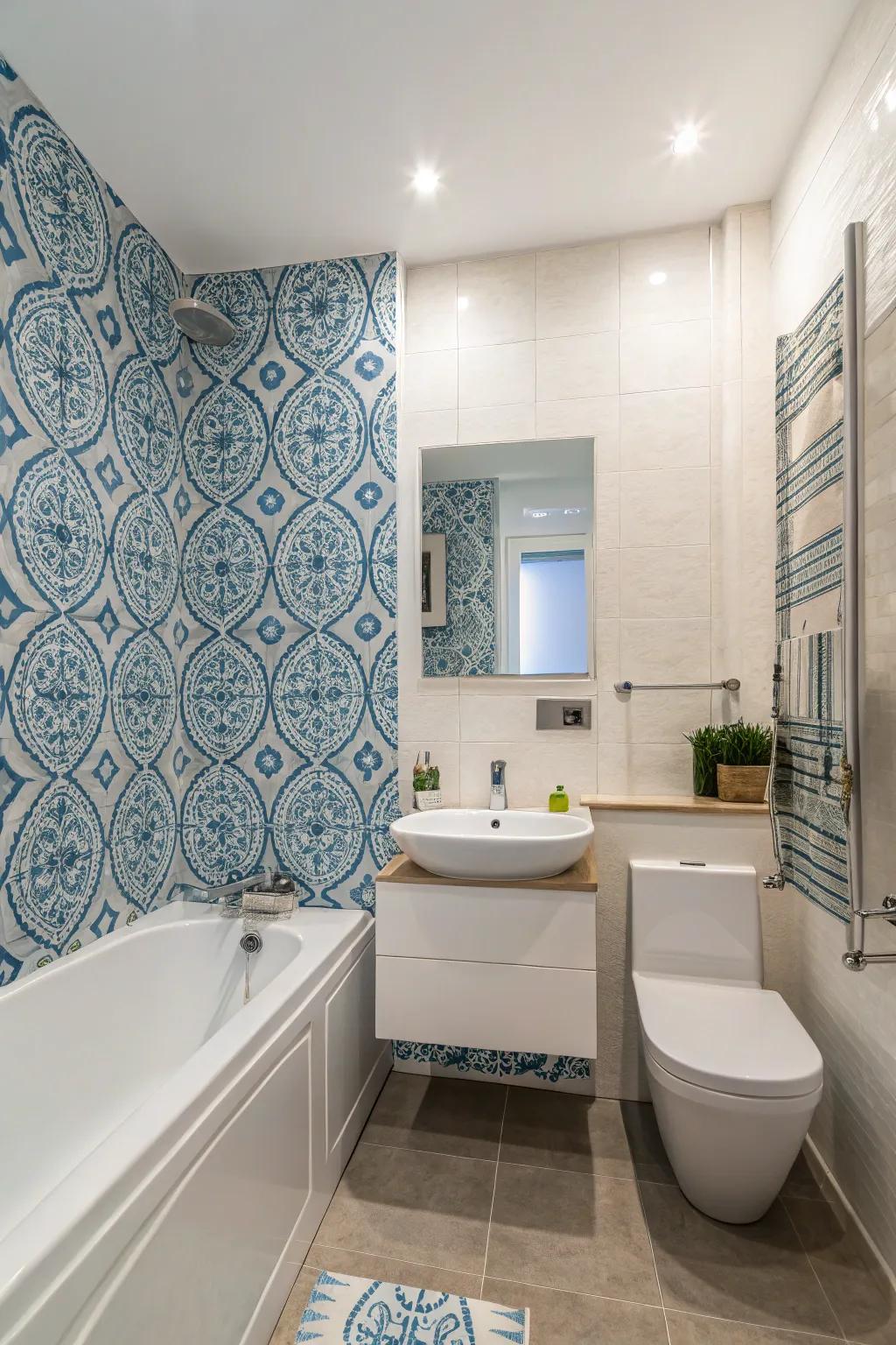 Patterned blue wallpaper exudes charm and personality.
