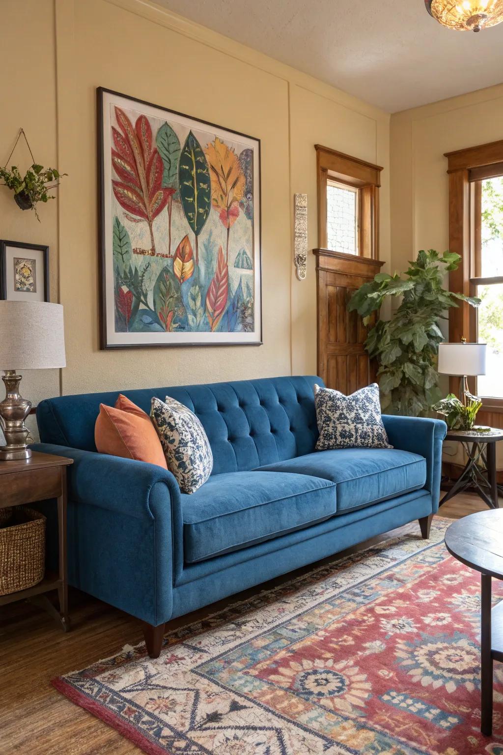 Wall art complements the cerulean sofa for a personal touch.