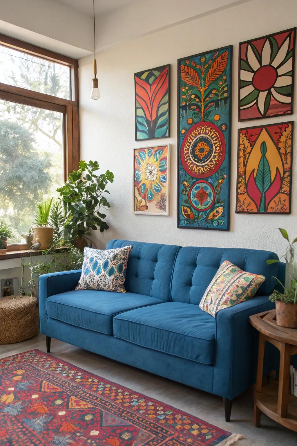 Strong artwork creates a striking contrast with the cerulean sofa.