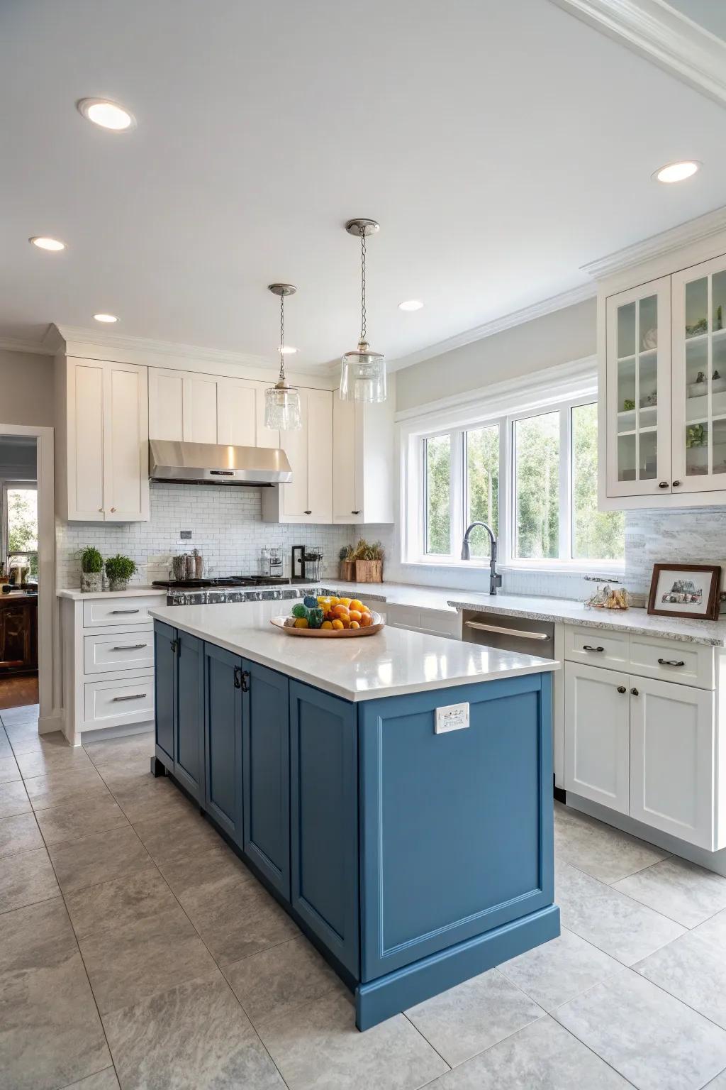 Two-tone cabinets mix blue with white for a contemporary and tailored kitchen look.