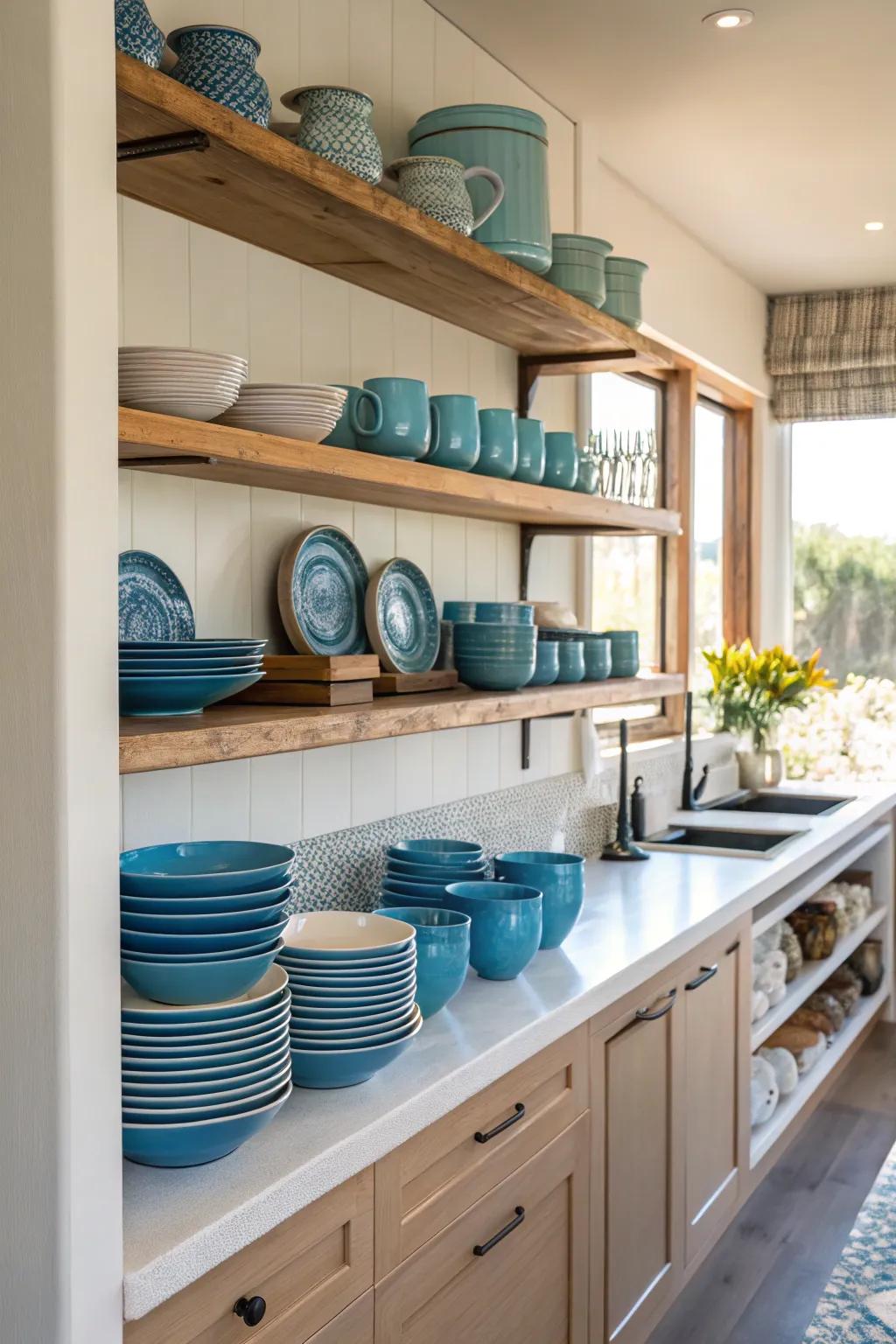 Exposed shelves with azure highlights offer a fashionable display.
