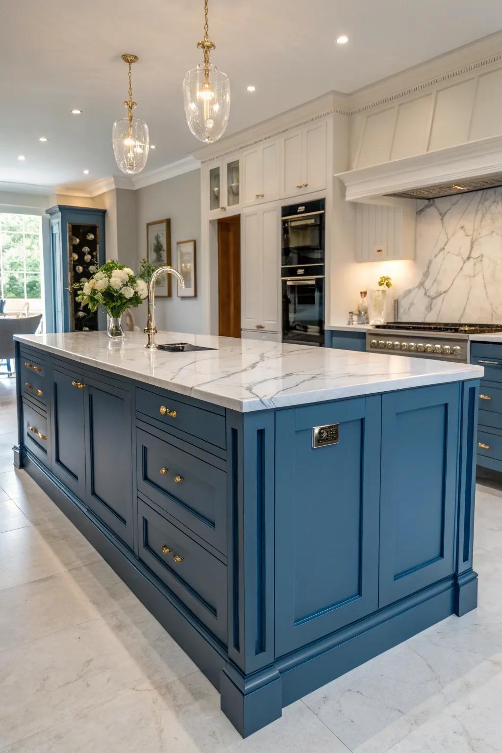 A marble countertop enhances the elegance of the blue kitchen island.