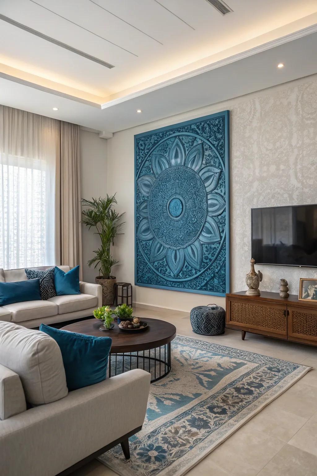 Striking blue wall decorations act as a captivating central point in this modern living room.