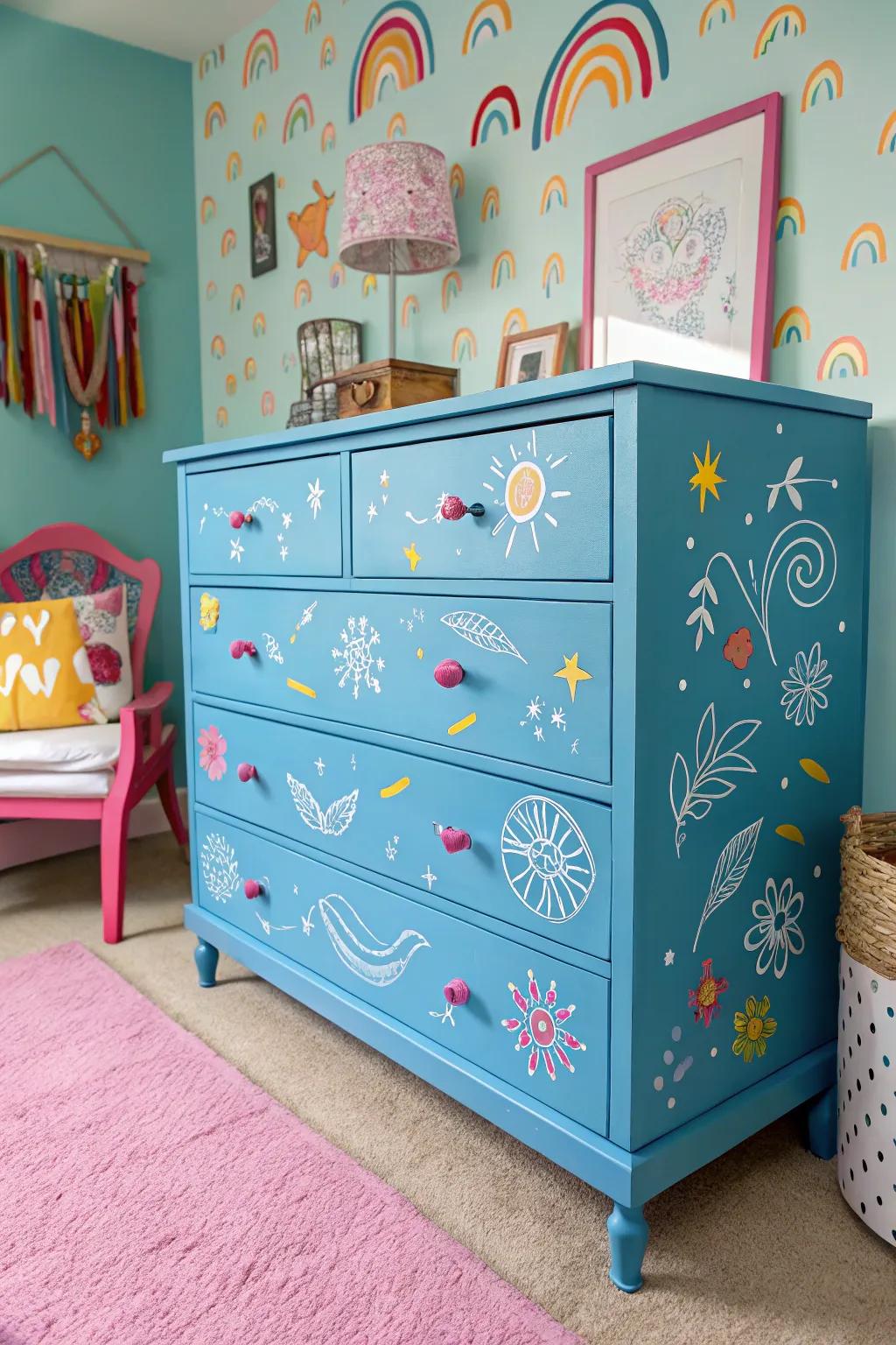 A blue dresser decorated with stenciled designs for a playful appearance.