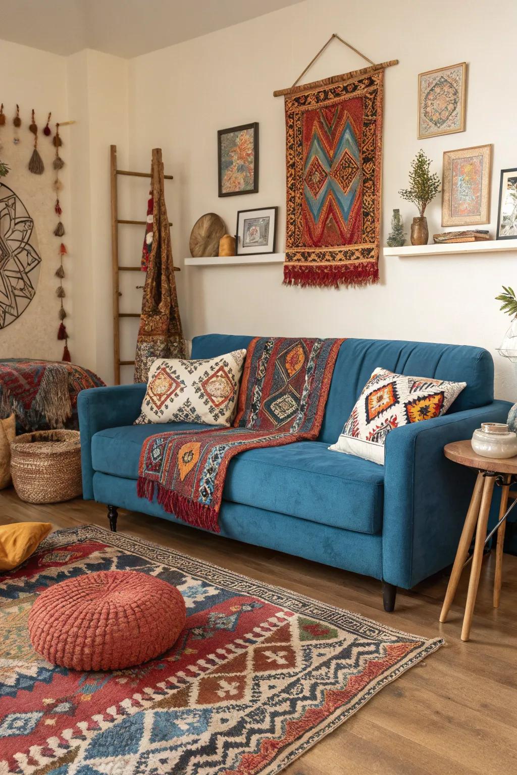 Varied weaves bring personality to a cerulean couch setting.