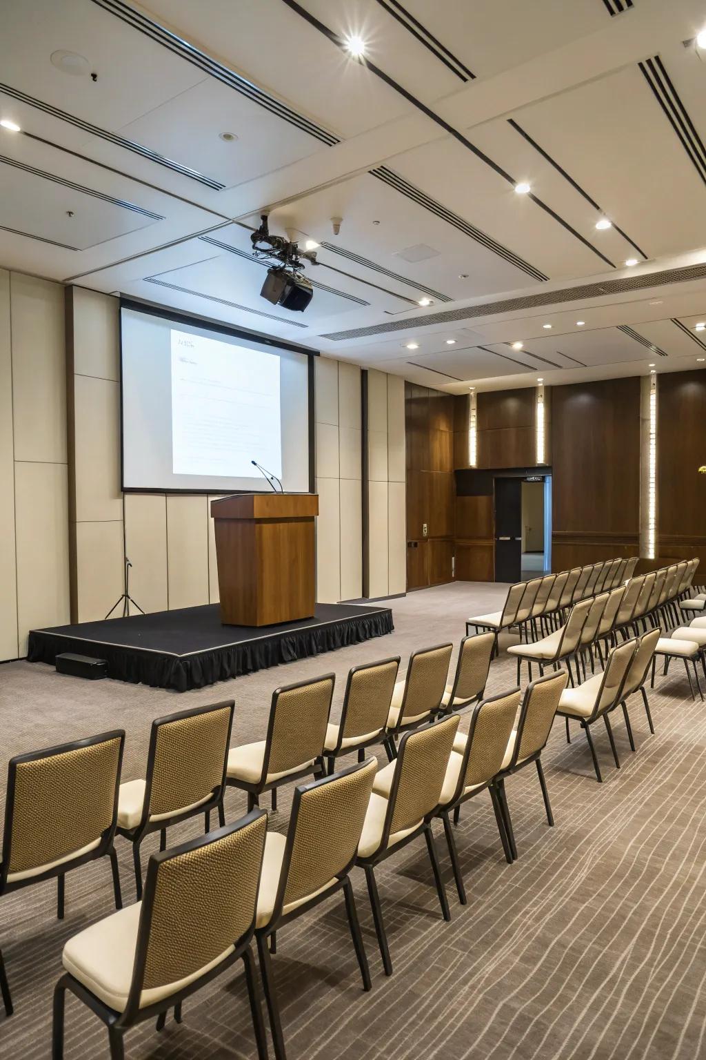 Auditorium style seating maximizes space for presentations.