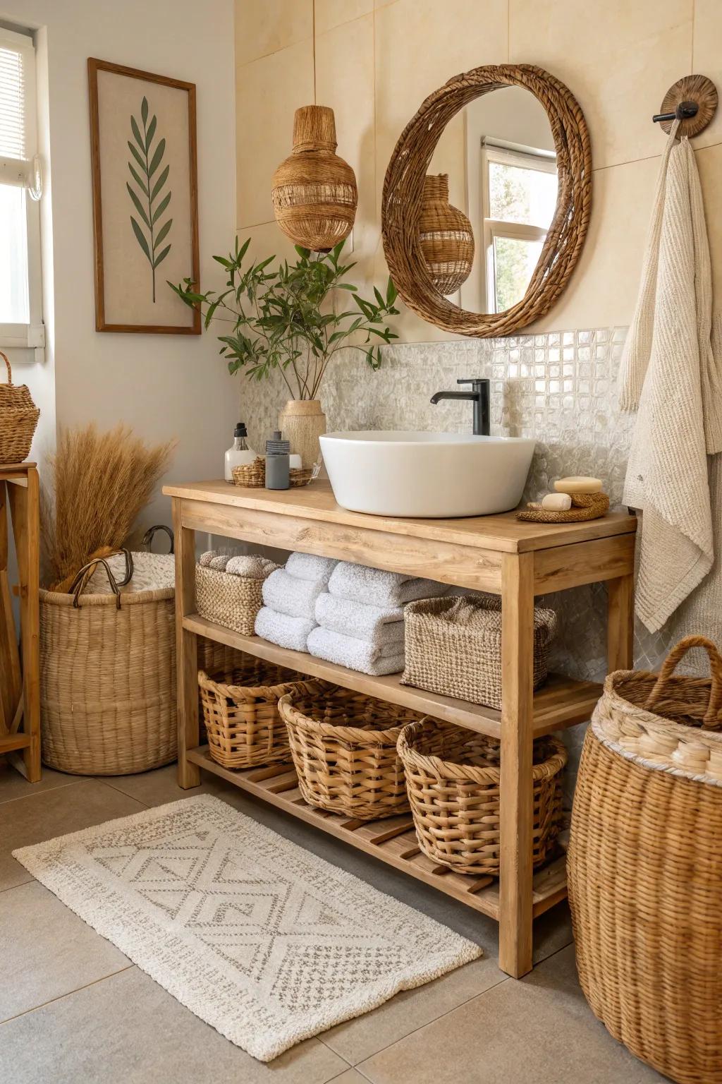 A boho bathroom highlighted by wicker and rattan accents.