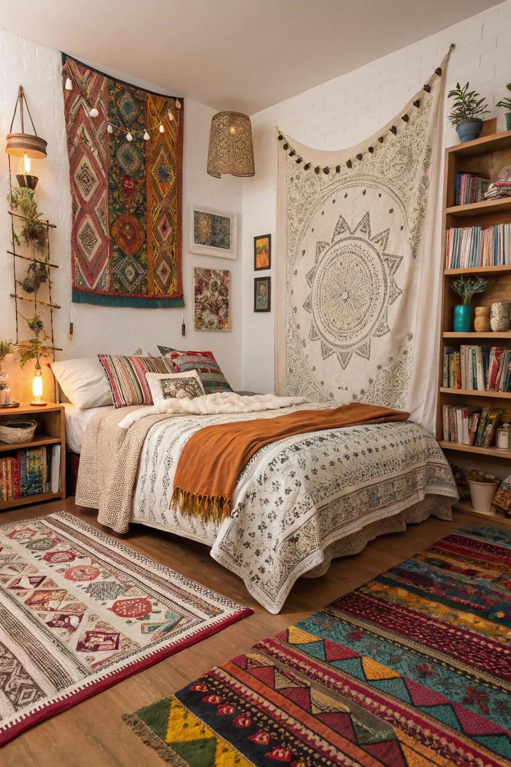 Layered rugs and fabrics add warmth and a cozy feel to this boho bedroom.