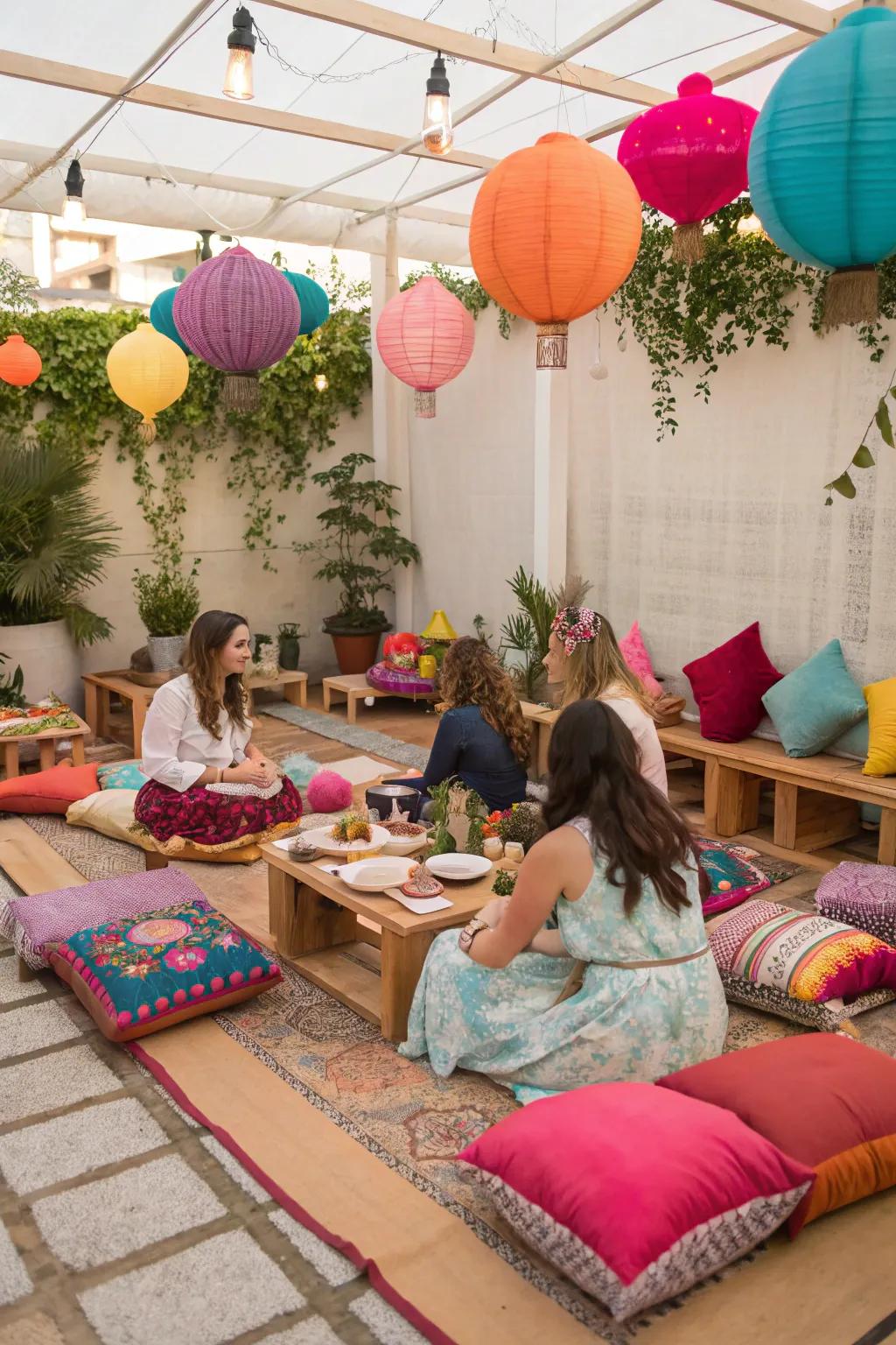 Ground-level seating provides a cozy and inviting area.