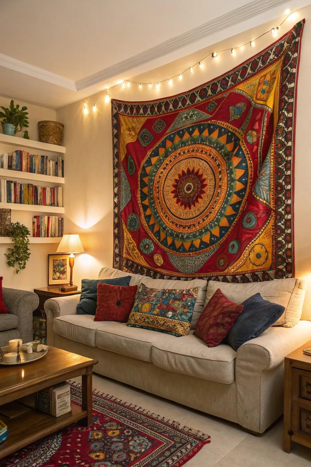 A living room featuring a vibrant wall hanging as a focal point.