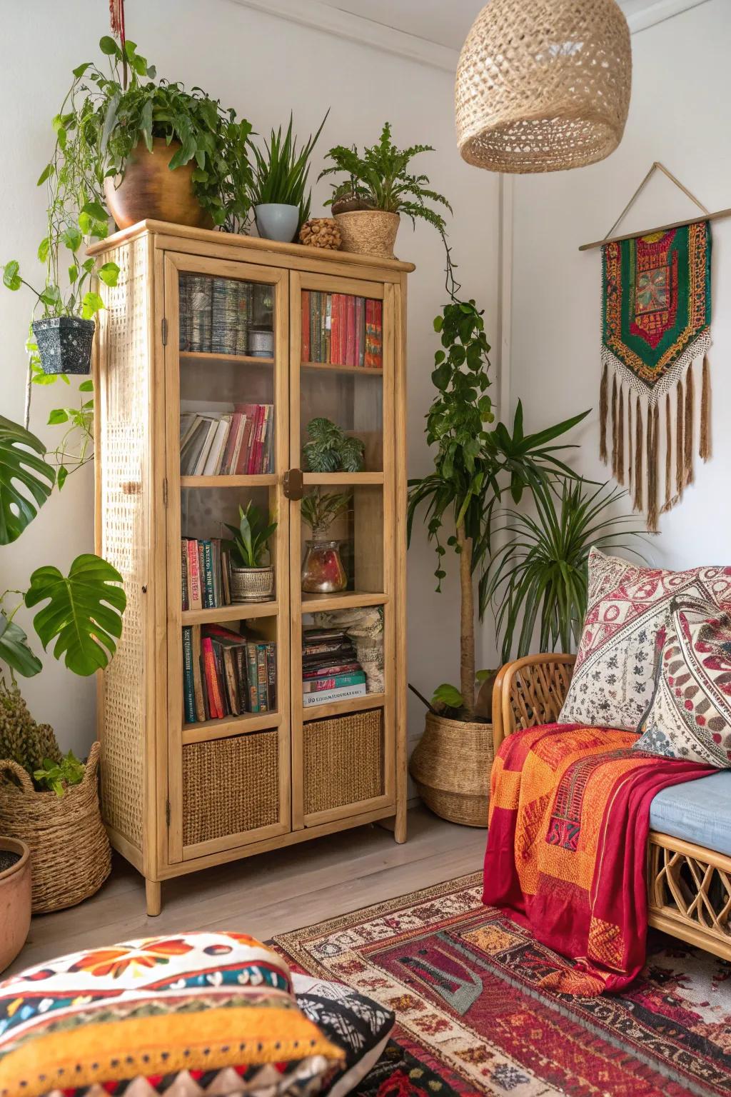 Wicker cabinets effortlessly harmonize style and functionality.