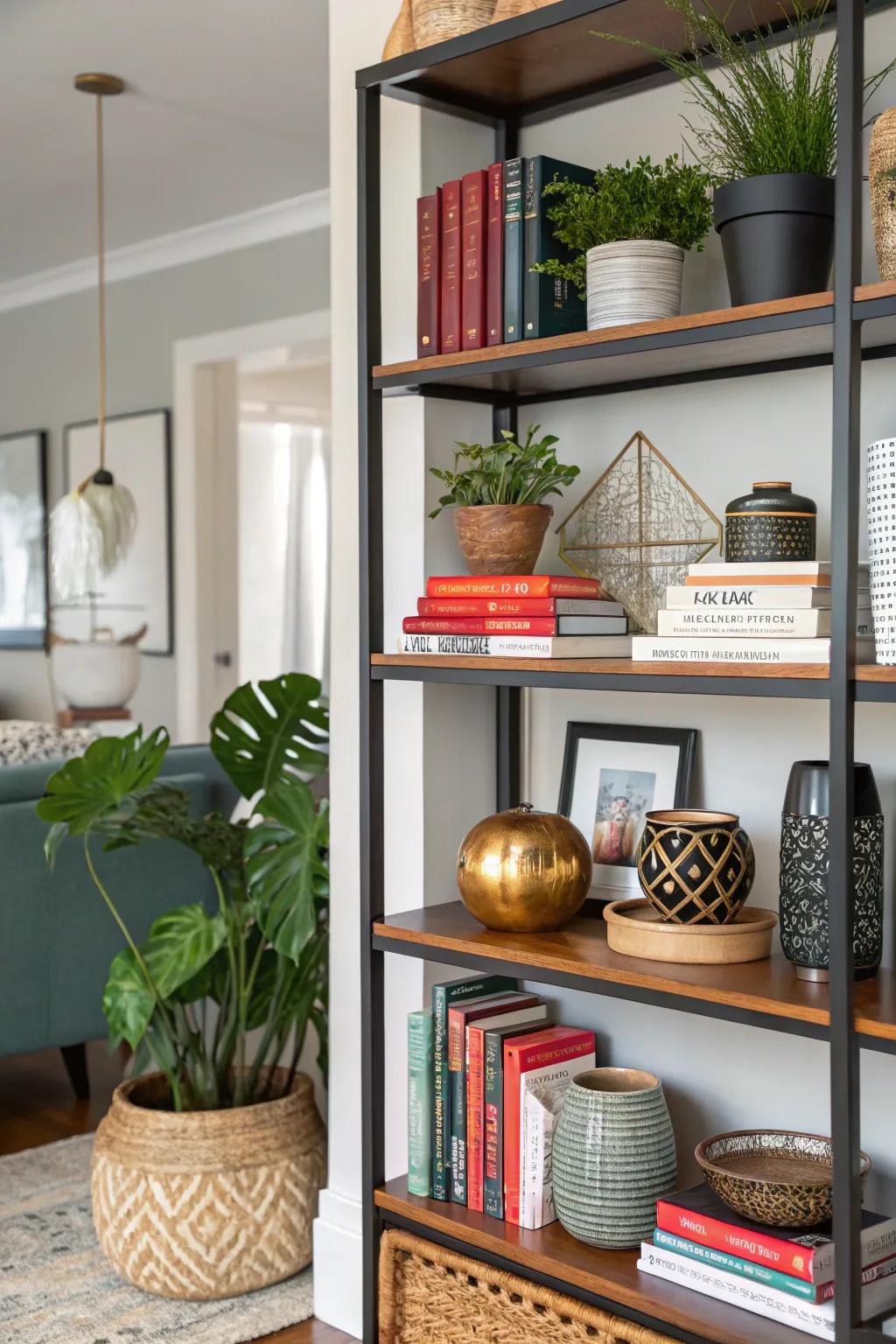 Combine diverse and modern styles for a distinctive bookcase aesthetic.