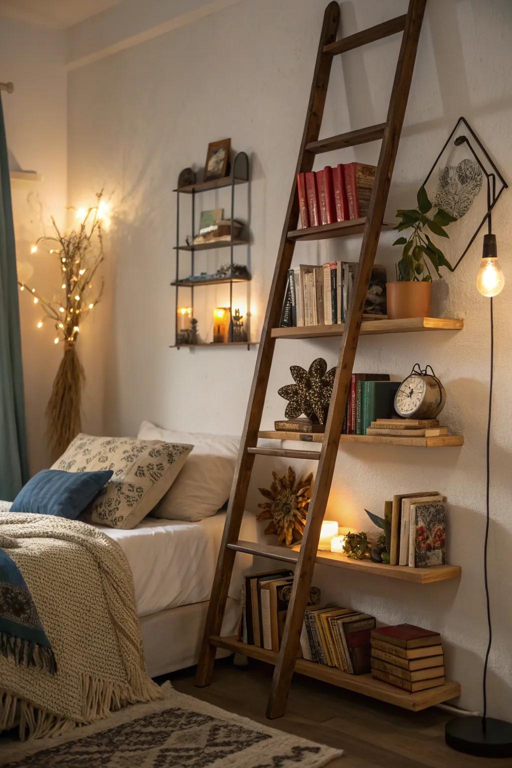 A chic ladder bookcase that improves the room's beauty.