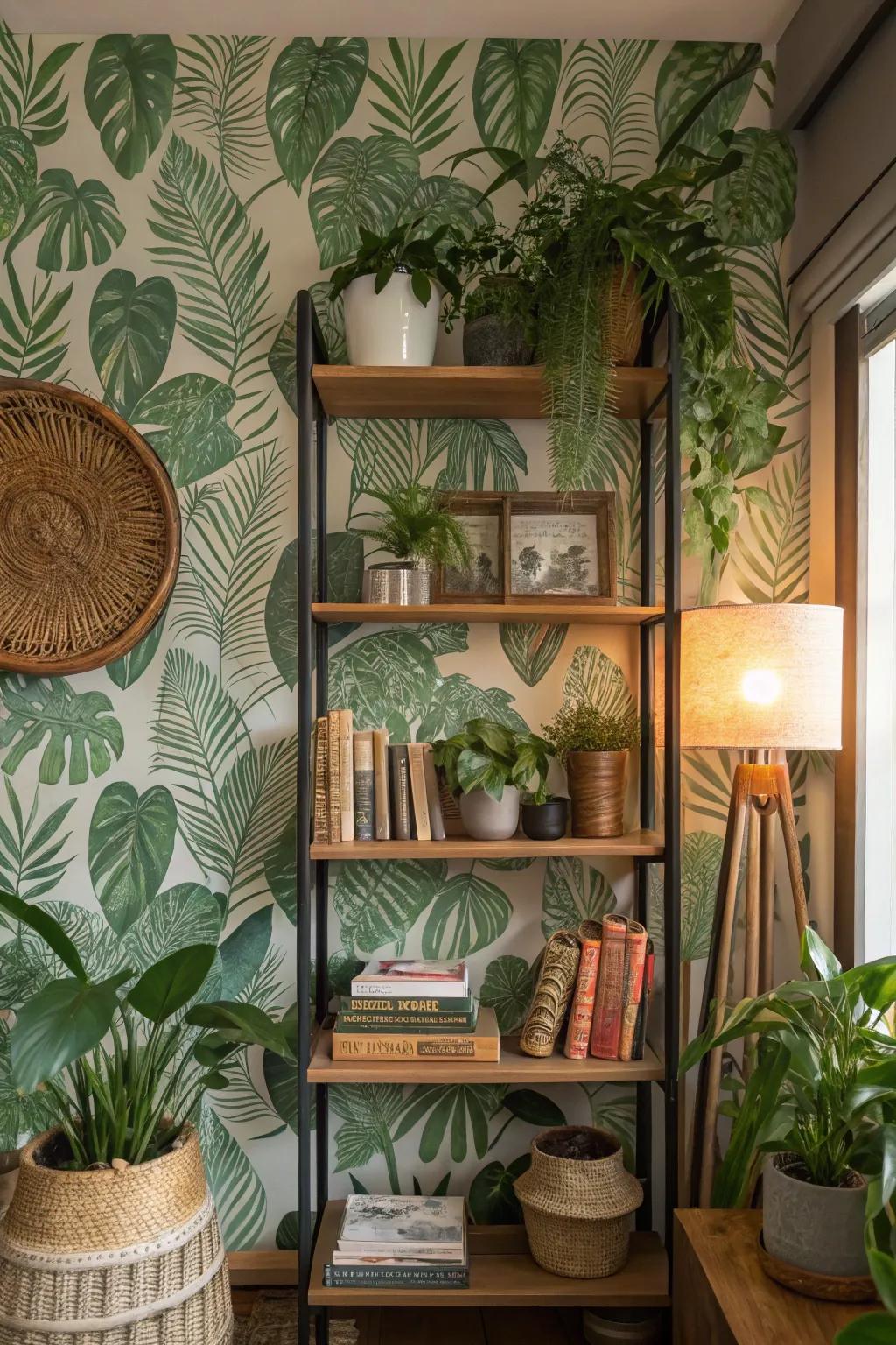 Bookshelf with green botanical wallpaper for a refreshing natural look.