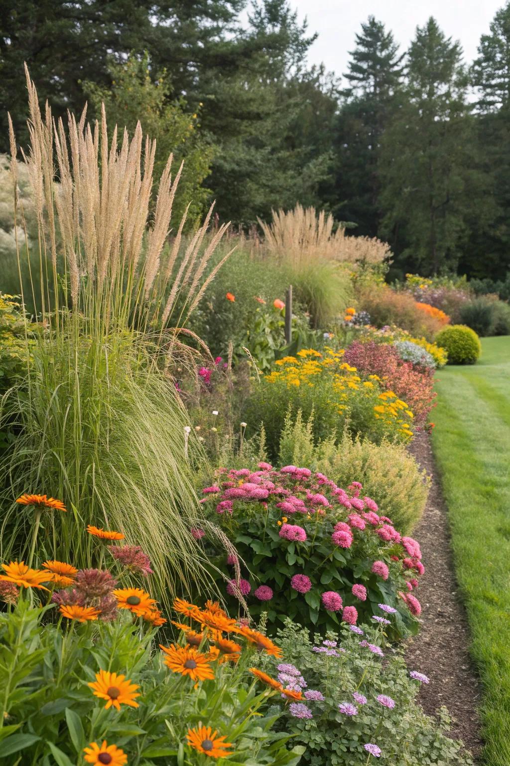 Lawn grasses with colorful flowers for a lively look.