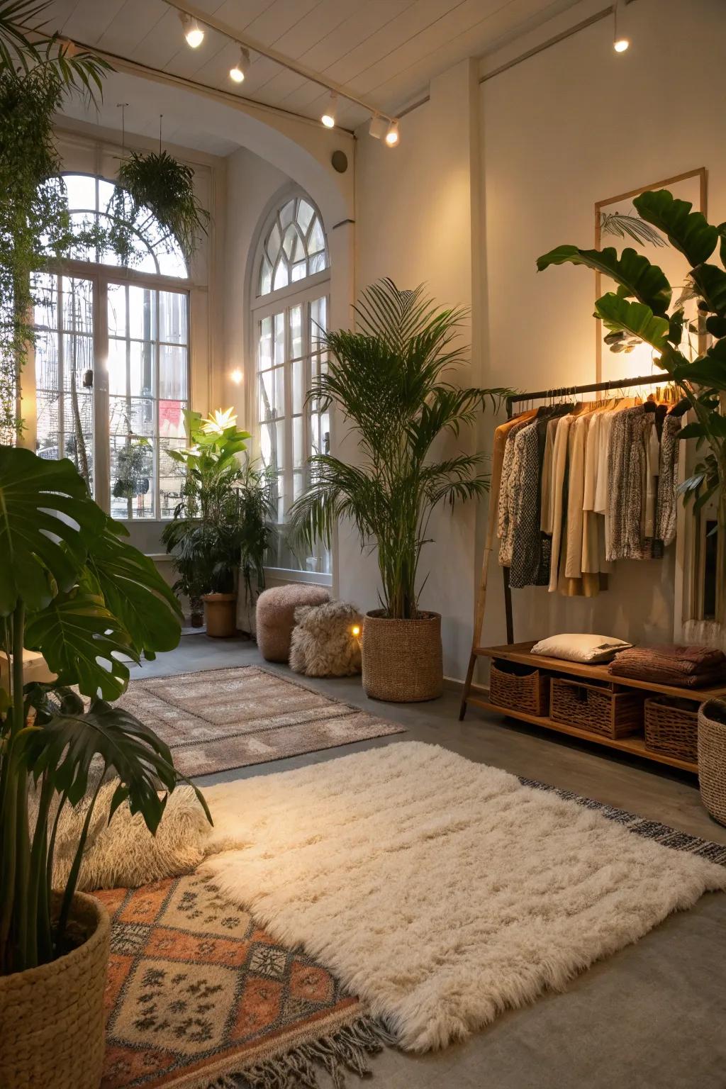 A boutique interior featuring cozy elements such as plush rugs and lush plants for added warmth.