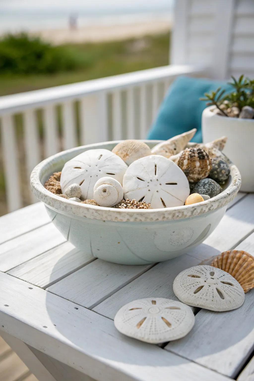 A seaside themed bowl brimming with beach ornaments