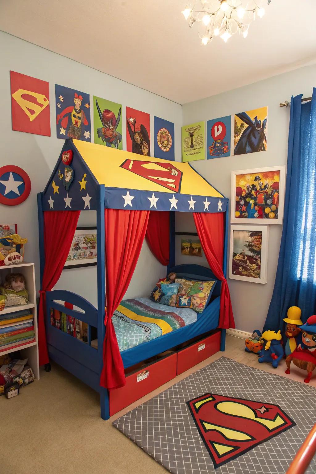 Revitalize fashionably using this superhero-themed canopy bed.