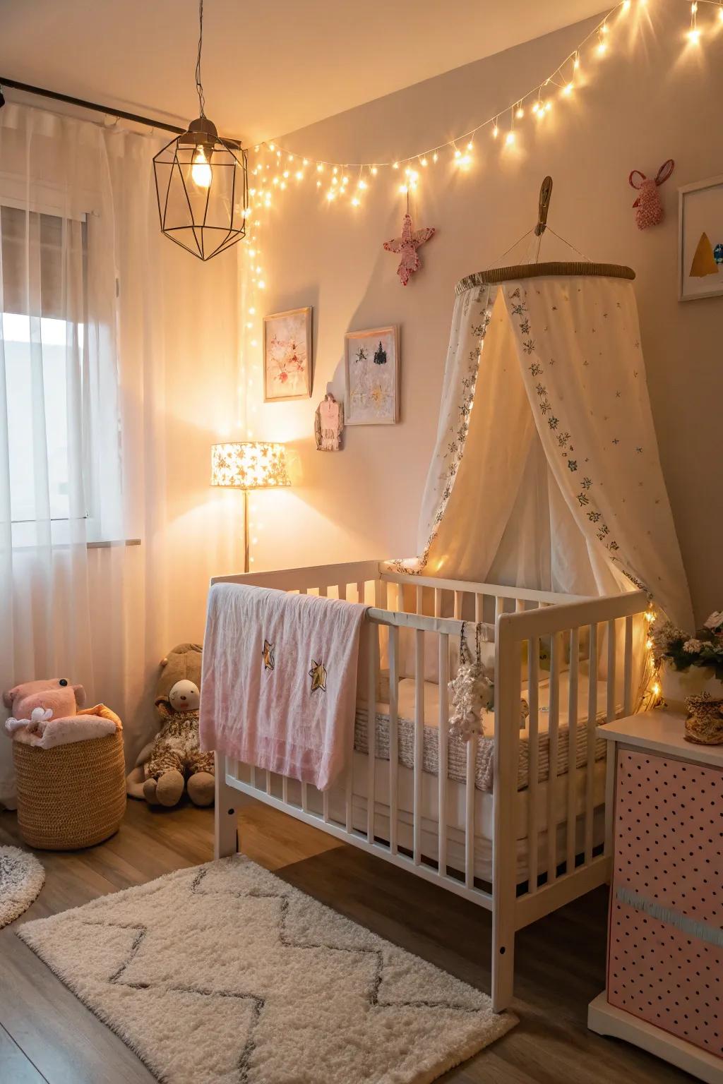 Gentle lighting fashions a tranquil ambiance within the nursery.